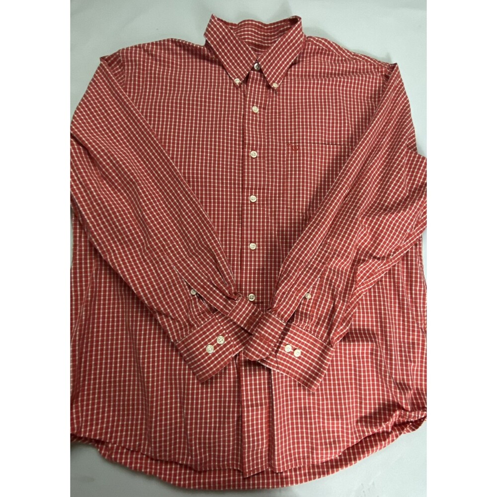 IZOD Mens Red White Check Long Sleeve Casual Button Down Shirt Size L